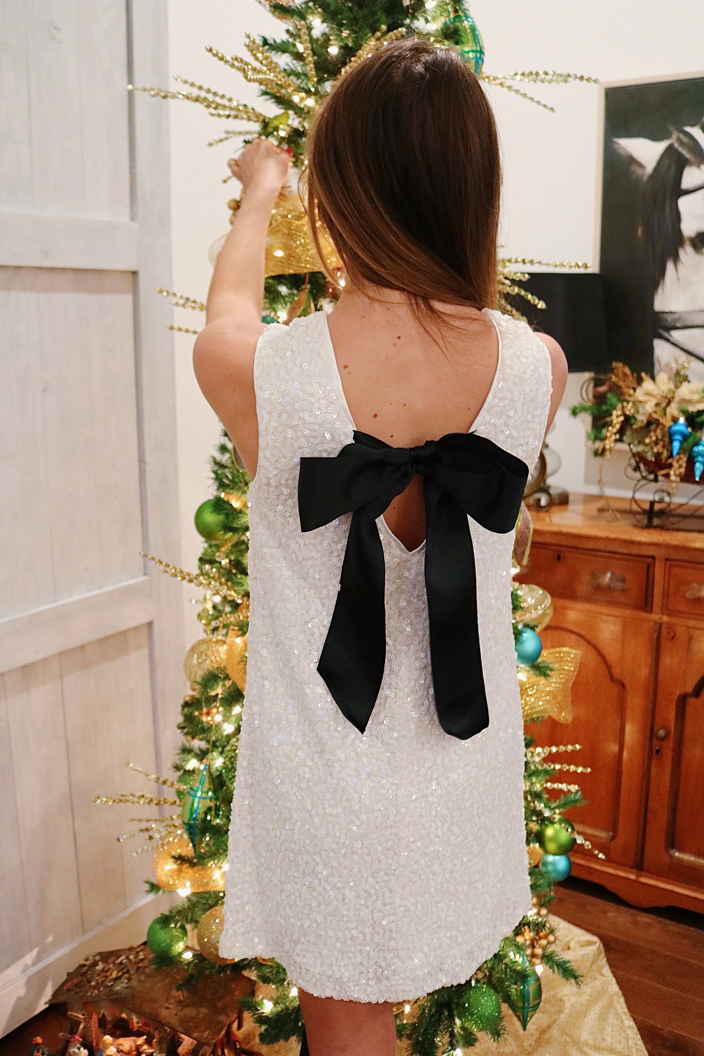 Sequin Bow Tie Shift Dress
